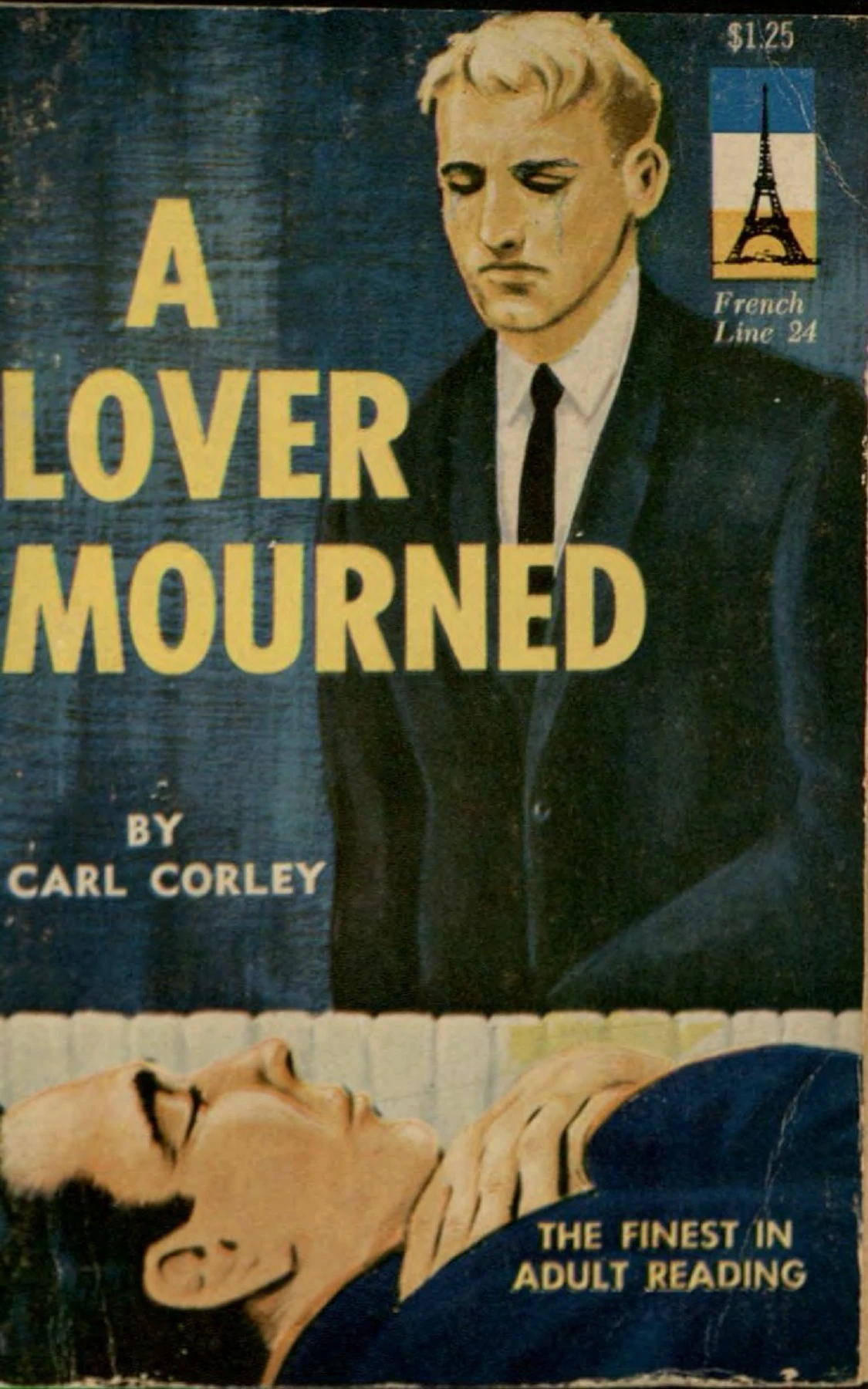 cover art of the gay pulp novel 'a lover mourned' by carl corley, featuring a man standing over the casket of another man