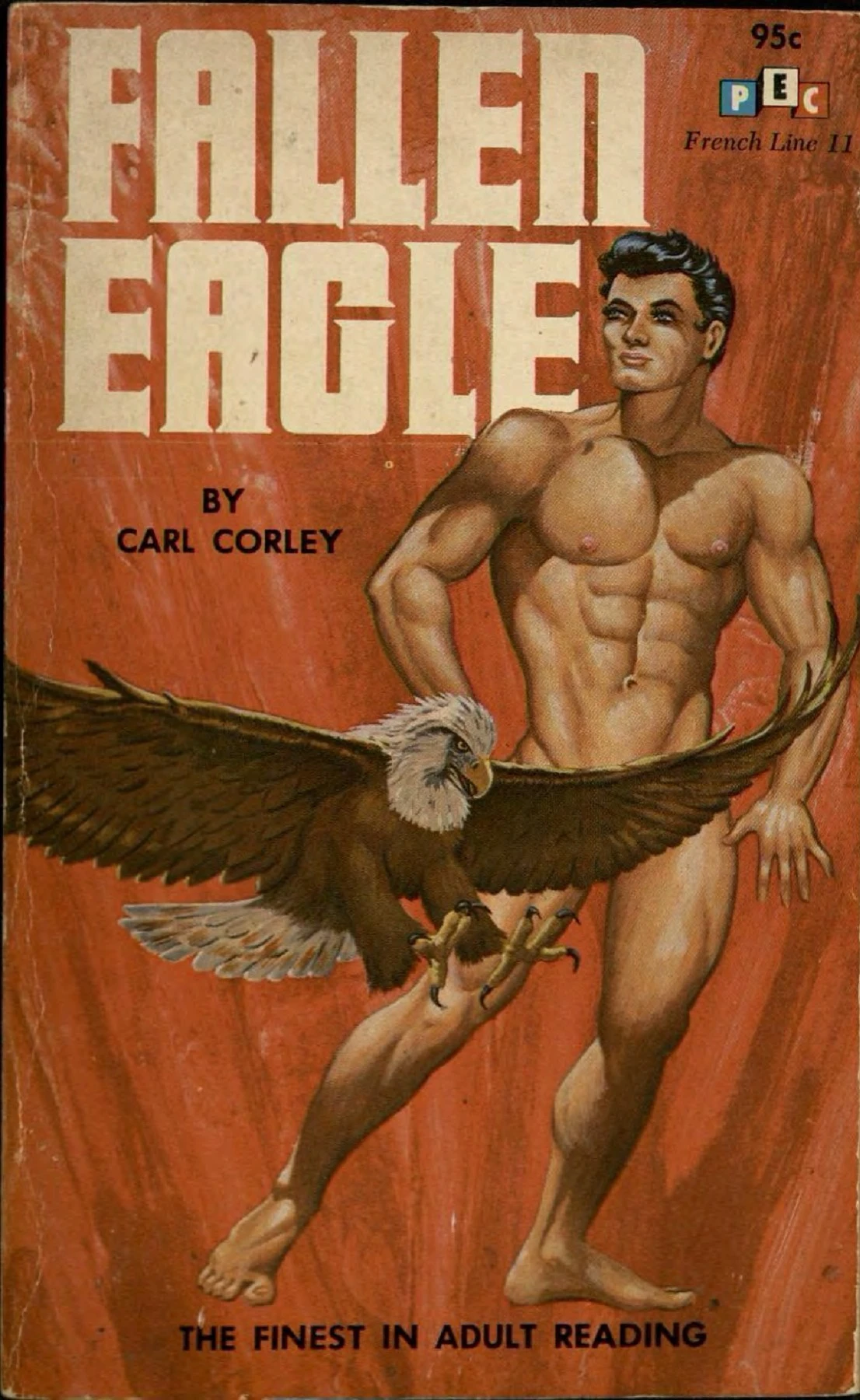 cover art of the gay pulp novel 'fallen eagle' by carl corley, featuring a naked man whose genitals are obscured by the outspread wings of a bald eagle