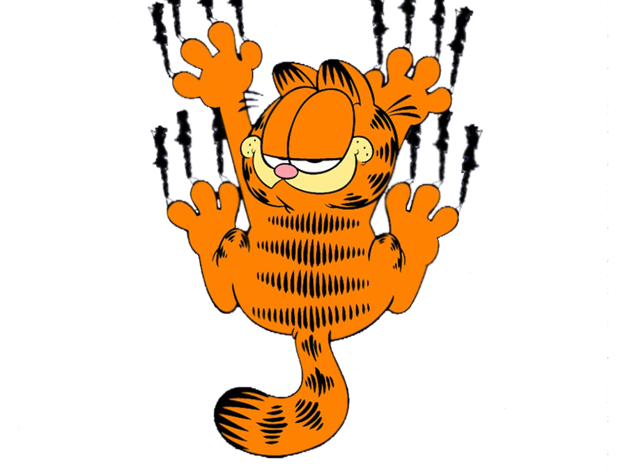 garfield the cat hanging onto this webpage by his claws