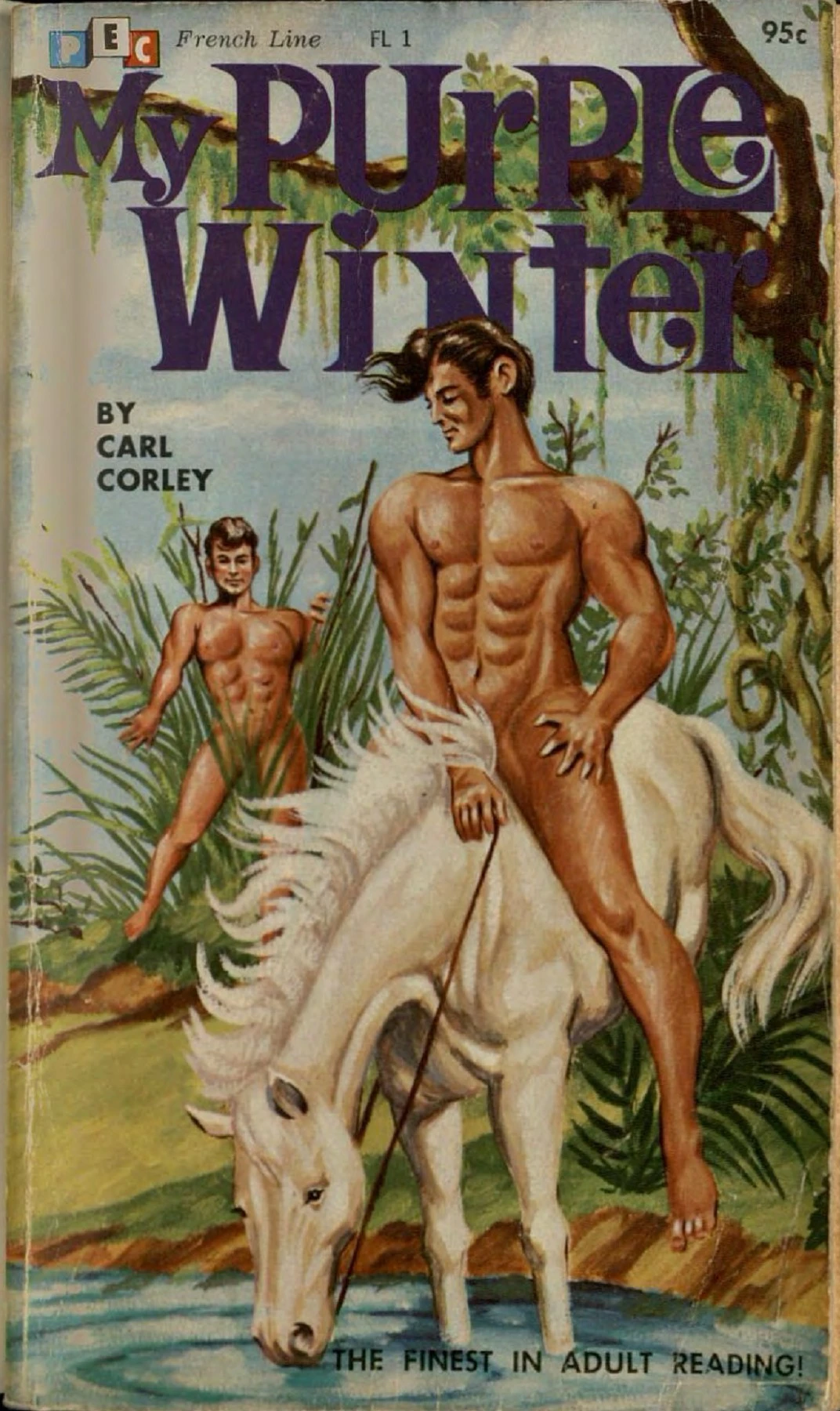 cover art of the old gay pulp novel 'my purple winter' by carl corley, featuring a naked man astride a white horse