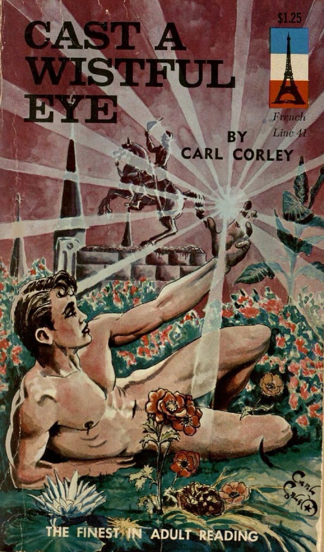 cover art of the gay pulp novel 'cast a wistful eye' by carl corley, featuring a nude man laying in a field of flowers